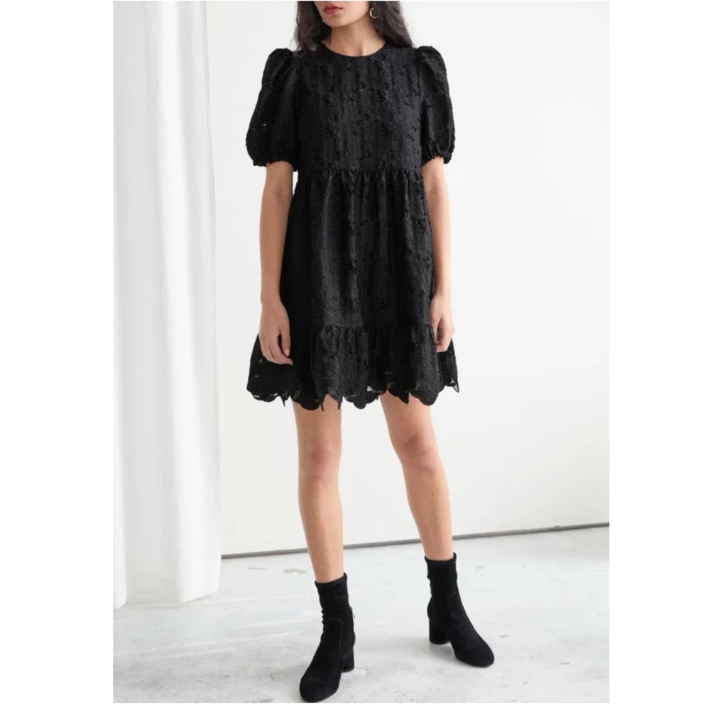 & Other Stories Black Floral Jacquard Mini Babydoll Puff Sleeve Dress